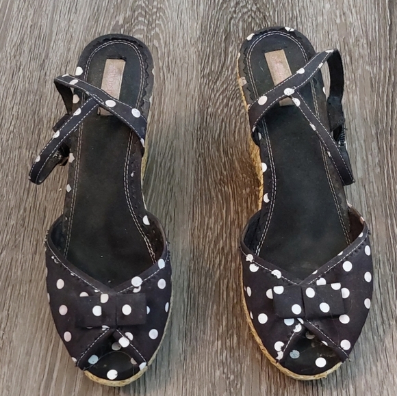 Xhilaration Wedge Peep-Toe Black and White Polka-dots Shoes Size 9 Open Toe Boho - Picture 7 of 9